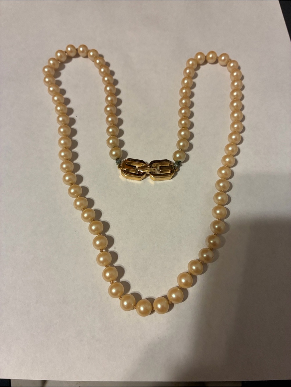 Vintage 1977 Givenchy hand knotted simulated Pearl Necklace w/Gold plated Clasp